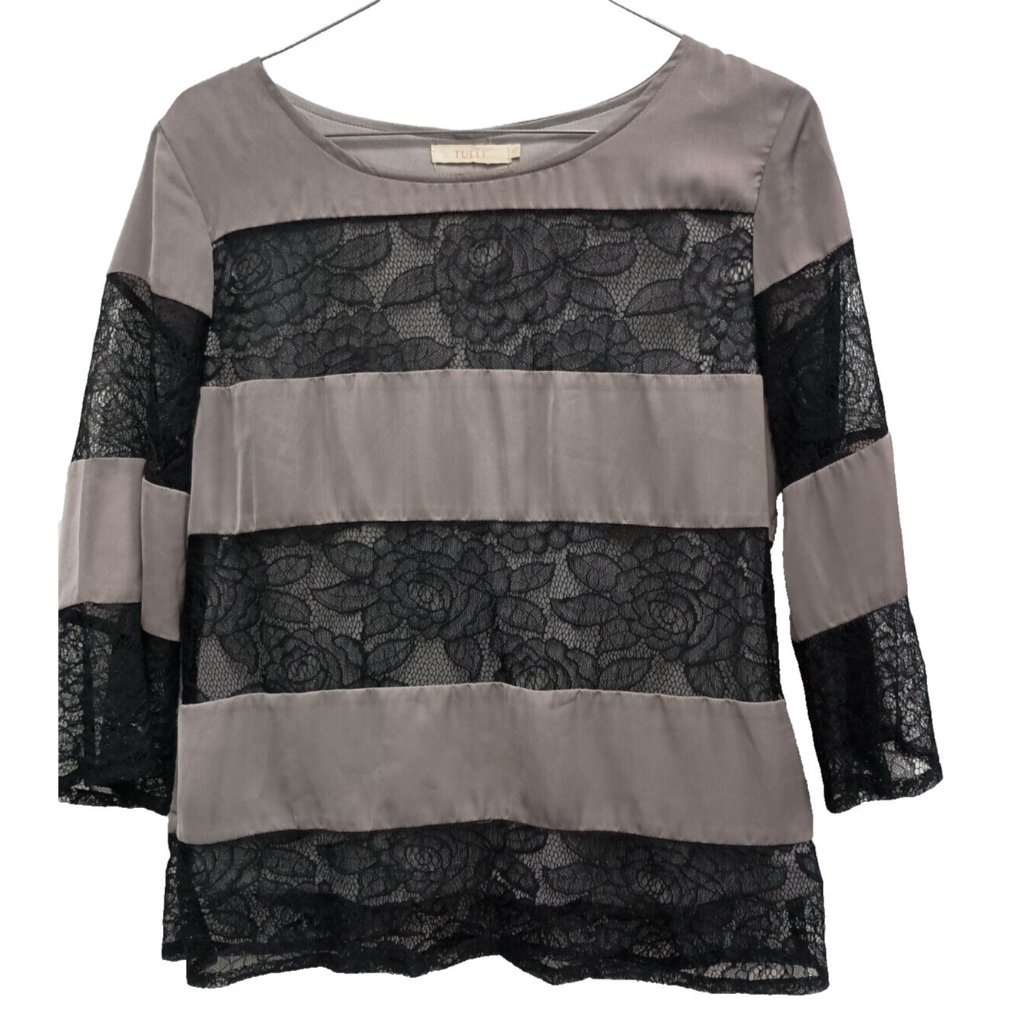 Tulle Y2k Top Womens Small Gray Black Lace 3/4 Sleeve Fairy Grunge Romantic